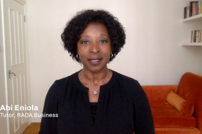 RADA Business tutor, Abi Eniola, speaks to camera.